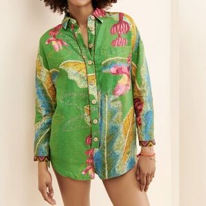 FARM Rio Green Tropical Button-Up Romper with Pink & Blue Accents
